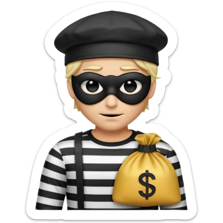 a short ios emoji-style portrait of a classic burglar, a black eye mask and a black-and-white striped shirt. emoji-like hair, black hat, ONE bag of money 💰 with a dollar sign in a right corner, evil expression WITHOUT a hand  sticker
