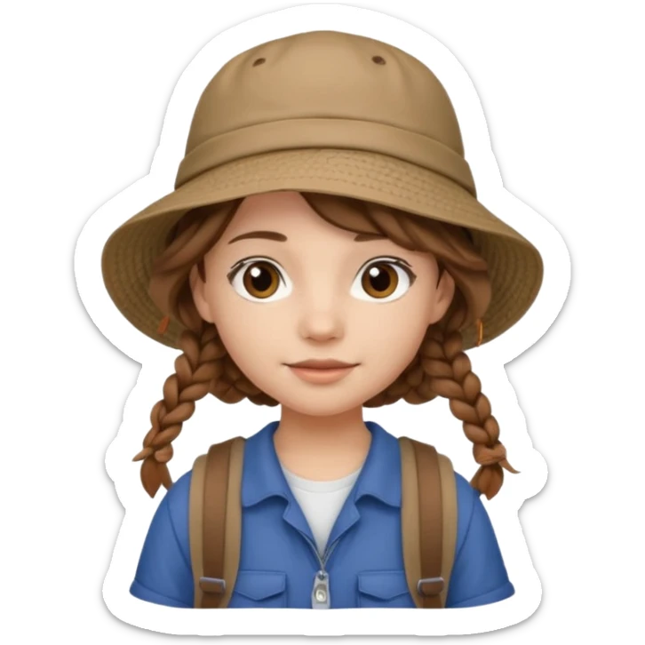 a young student girl with the backpack with bucket hat, brown wavy braided hair sticker