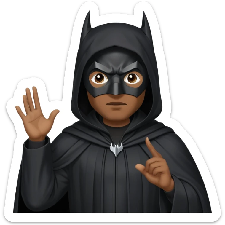 Batman mask Black man wearing a long black robe with a tall pointed hood, face fully covered except for two small eye holes, standing confidently with hands gesturing in conversation. sticker