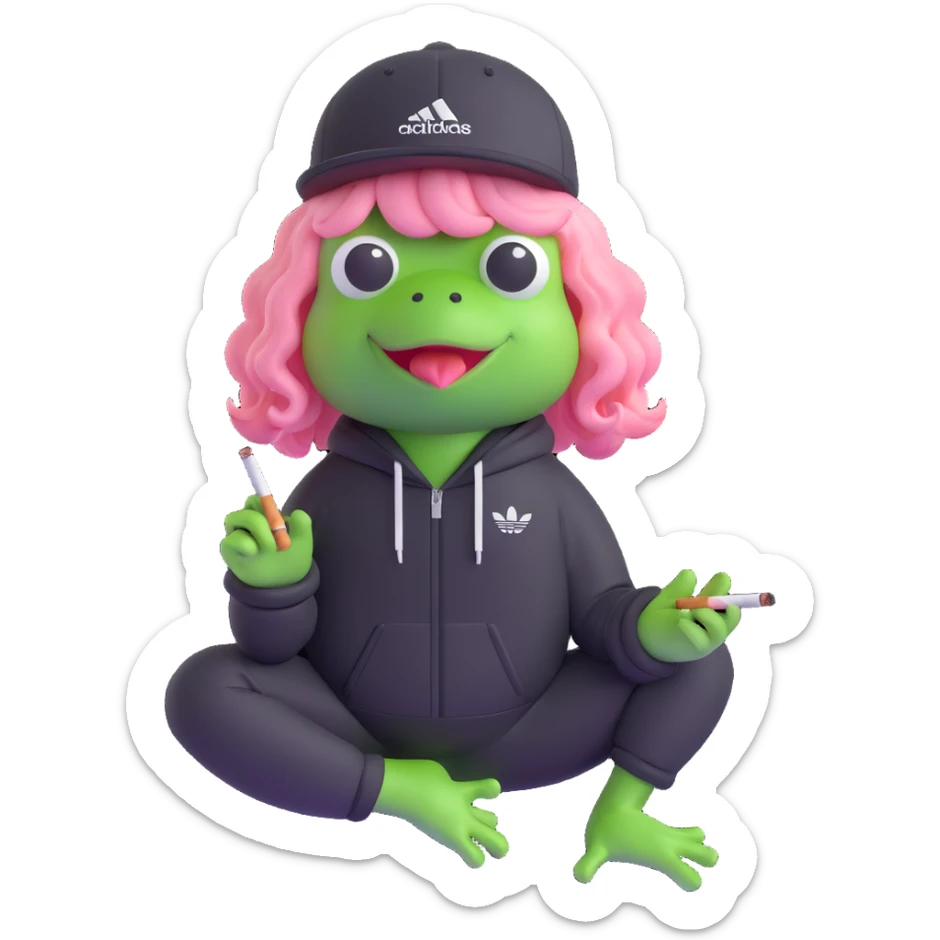3D emoji style frog wearing a black Adidas-style track suit without logo, pink long curly hair wig, smoking a cigarette sticker