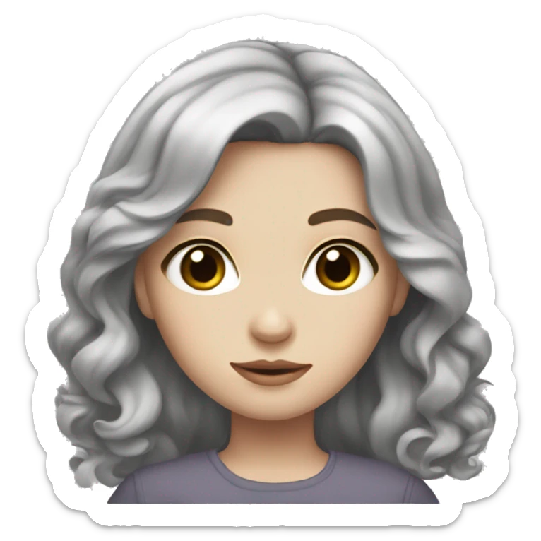 Girl with pale skin, black straigh hair with waves and the end of the hair, grey eyes, and cute  sticker
