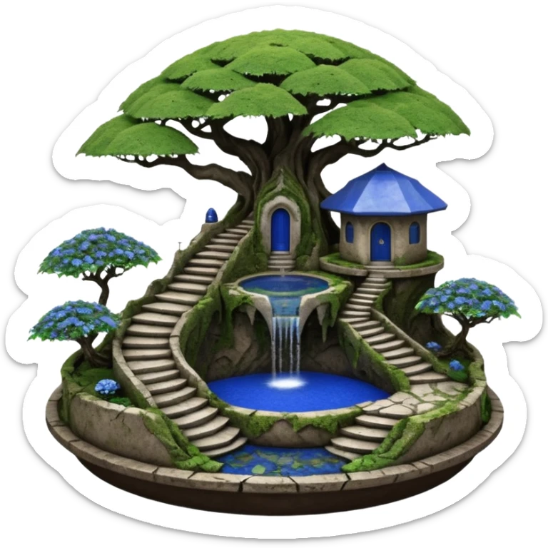 Alien saucer house jungle-vines stairway fountain mountain-island landscape antique mudman very old broken cracked intricate Stone Age lapis-crusted irregular dodecagon-shaped shallow dark moss rough bark blue serissa flowered maple tree bonsai pot sticker
