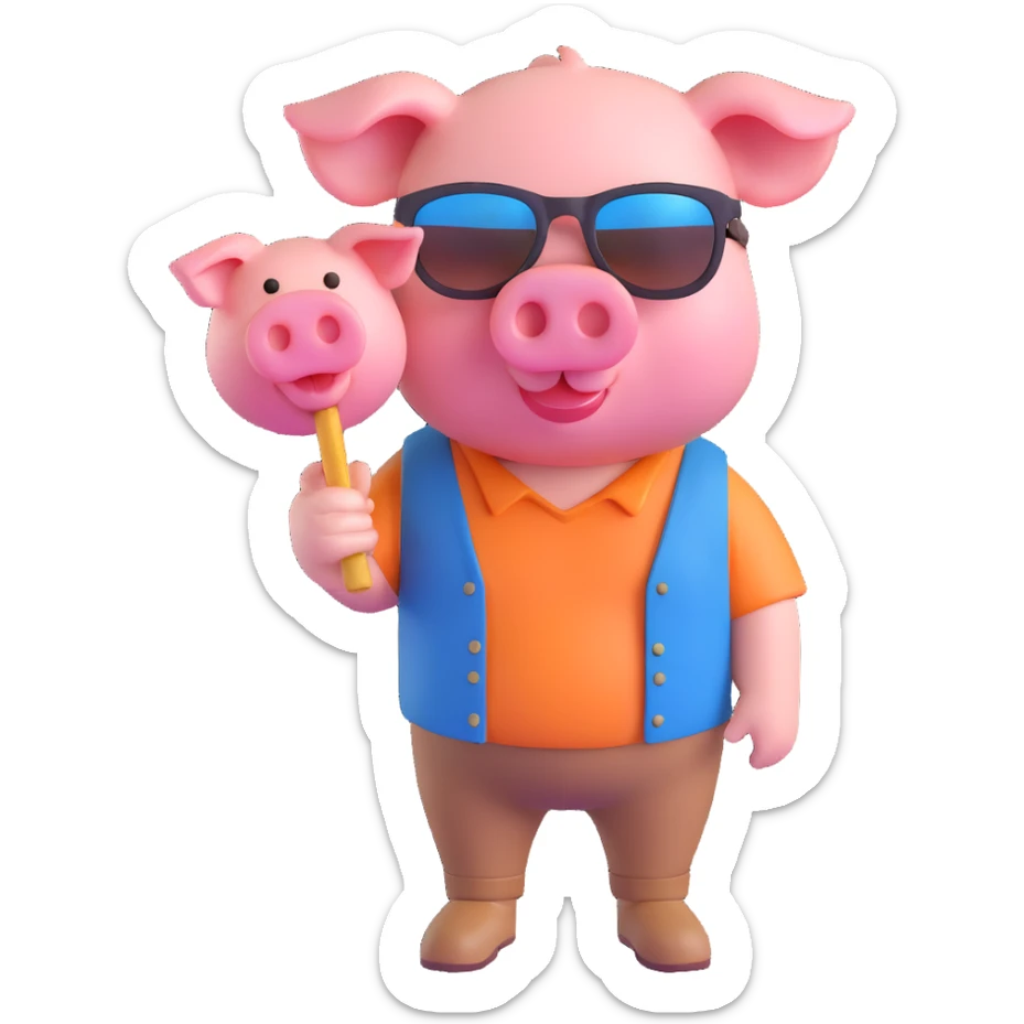 John Pork, pig head on a human body, wearing sunglasses, casual outfit, 3D emoji style sticker