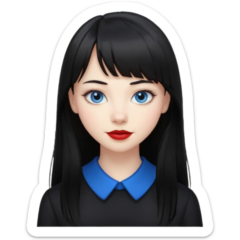 20 yr old woman long straight black hair, pale skin, blue eyes, red lipstick, black clothes, small smile, bangs sticker