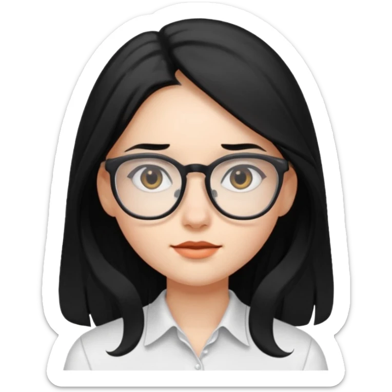 A girl with black long hair and glasses and a white shirt sticker