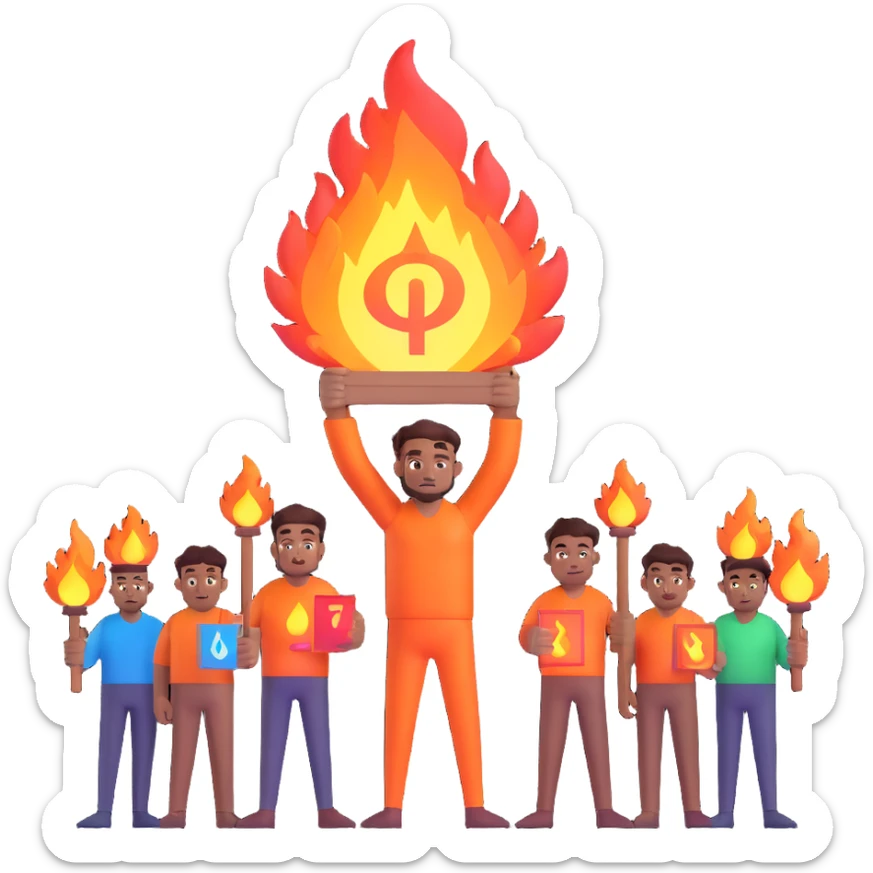 celebratory emoji of a man named Rakesh depicted as a godly figure with a glowing aura and fire elements, standing above five devoted followers, holding a reward sign of 1 lakh, symbolizing his promotion to company COO, conveying admiration and team spirit sticker