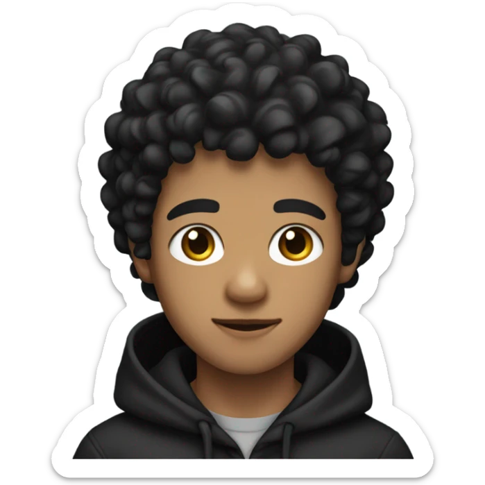 a young male with medium skin and curly black hair, wearing a black hoodie sticker