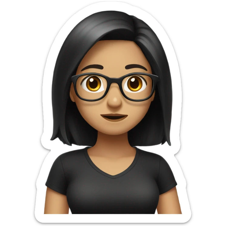girl shrugging with black shirt, black hair, brown eyes with glasses sticker