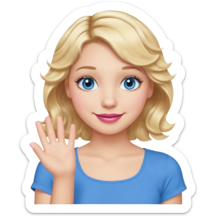 Girl Blonde short wavy hair,  blue eyes, cute blue top, long lashes, pink lips, smiling, one hand 🤷🏼‍♀️  sticker