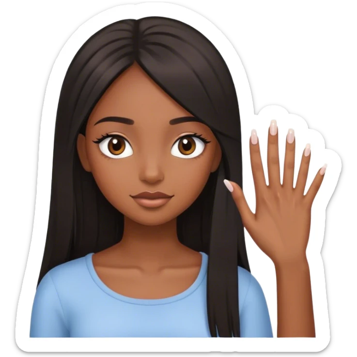 black girl with straight hair and long eyelashes looking at her nails sticker