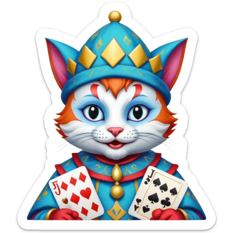 crazy colorful cute little cat jolly joker from poker, medieval, vintage, court jester, mac os icon, blue color, holds poker cards sticker