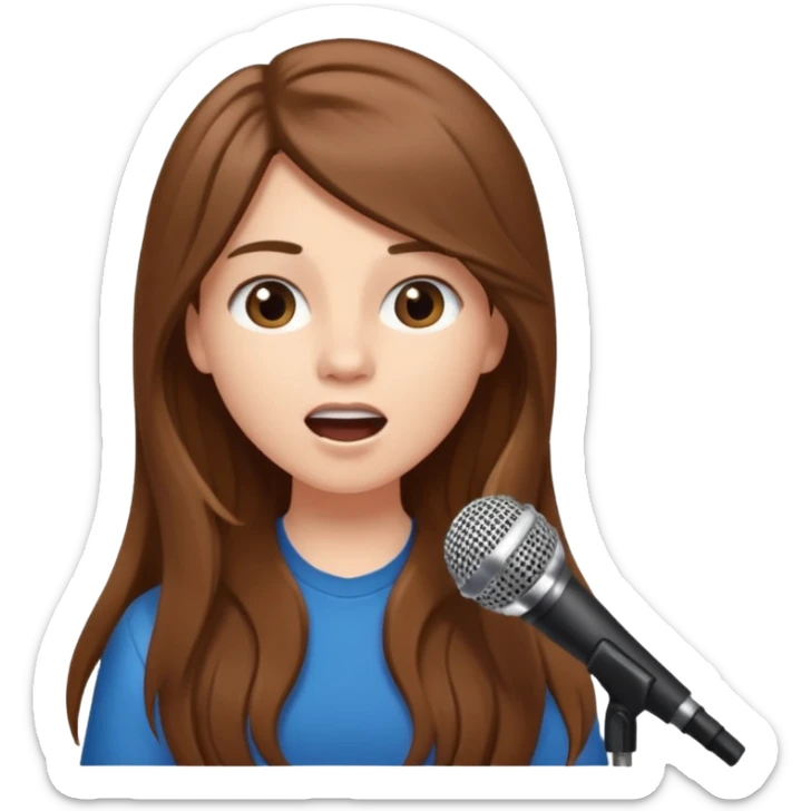White American girl teenager with brown hair long with a microphone singing sticker