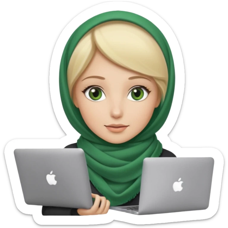 blond women skine , with green eyes , with scarf hijab , heid the hair, with macbook sticker
