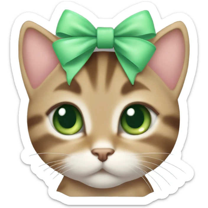 kawaii brown tabby kitten with green eyes and pastel green bow on top of head sticker