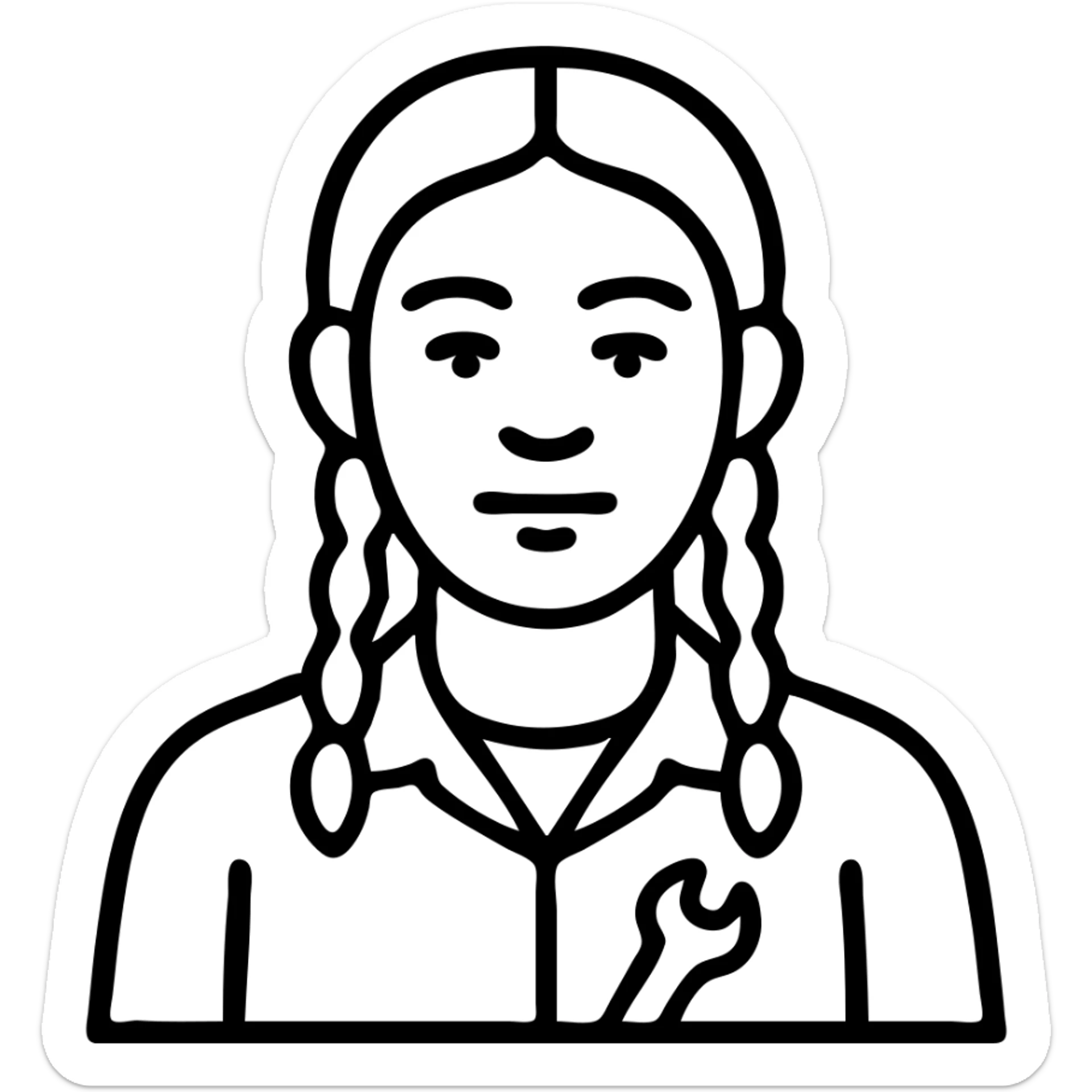 A 40-year-old Latina woman car mechanic with light brown skin, wearing black mechanic uniform, with two braids pulled back from her head sticker