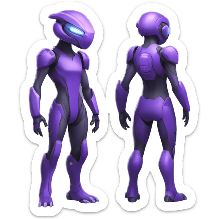 A purple Reptile-Raptor-Genesect-Mewtwo-Fakémon, with a futuristic visor-helmet, wearing a techwear-suit, Full Body sticker
