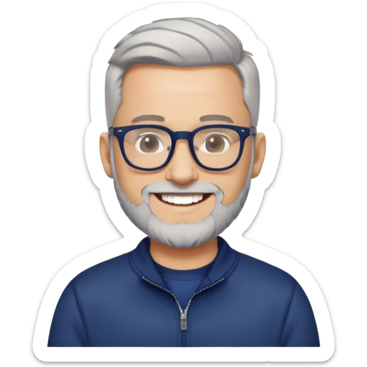 Light-skinned man with tight fade haircut (nearly shaved sides fading to very short on top), short graying beard, big black glasses frames, happy smile, navy blue zip-up sweatshirt with long sleeves sticker