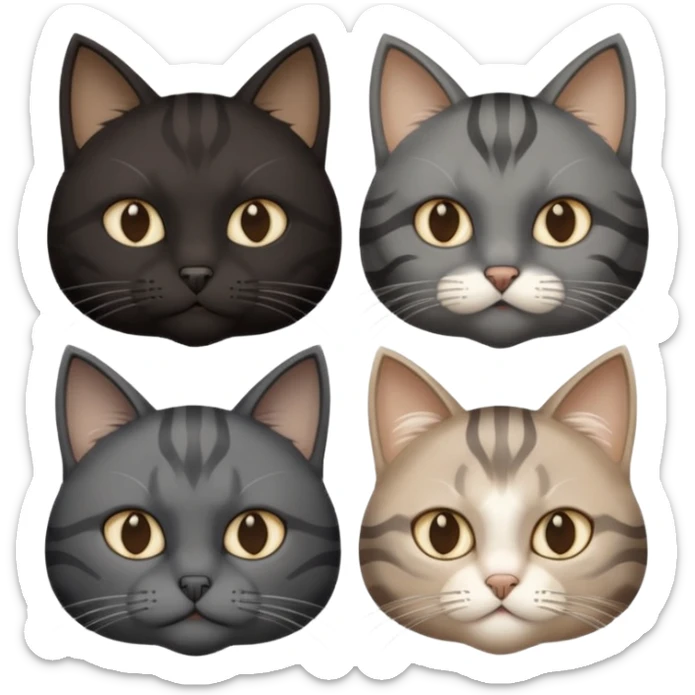 gatto nero con muso zona naso bianco (ricorda la maschera di batman), gatto siberiano grigio e beige mescolato, gatto grigio chiaro con qualche striatura grigio scura, gatto marrone con macchie beige sticker