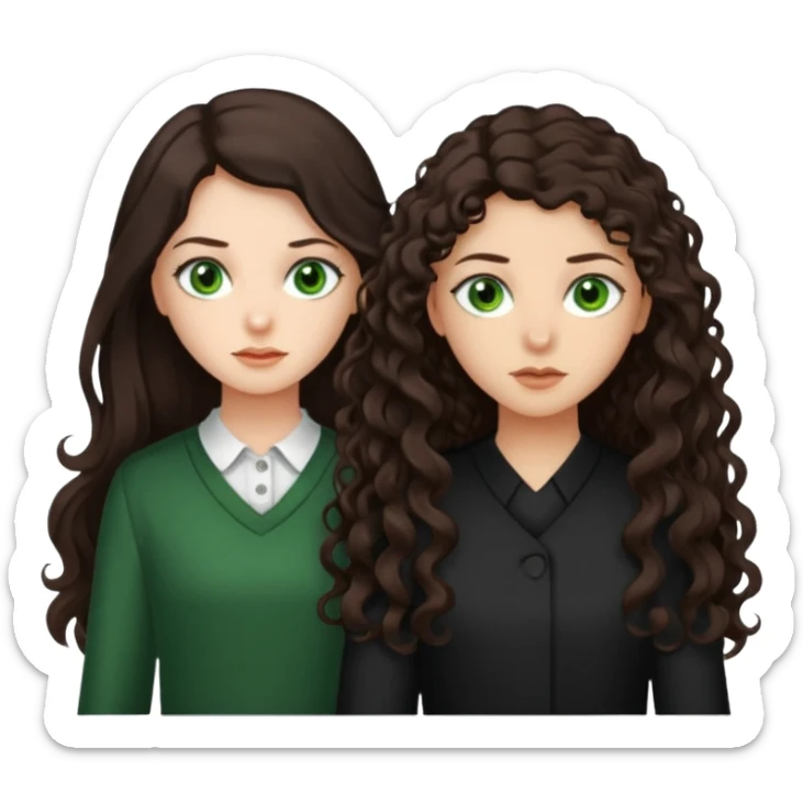 Two scornful girls, 1: long ironed straight darkbrown hair, green eyes, 2: long curly darkbrown hair, brown eyes sticker