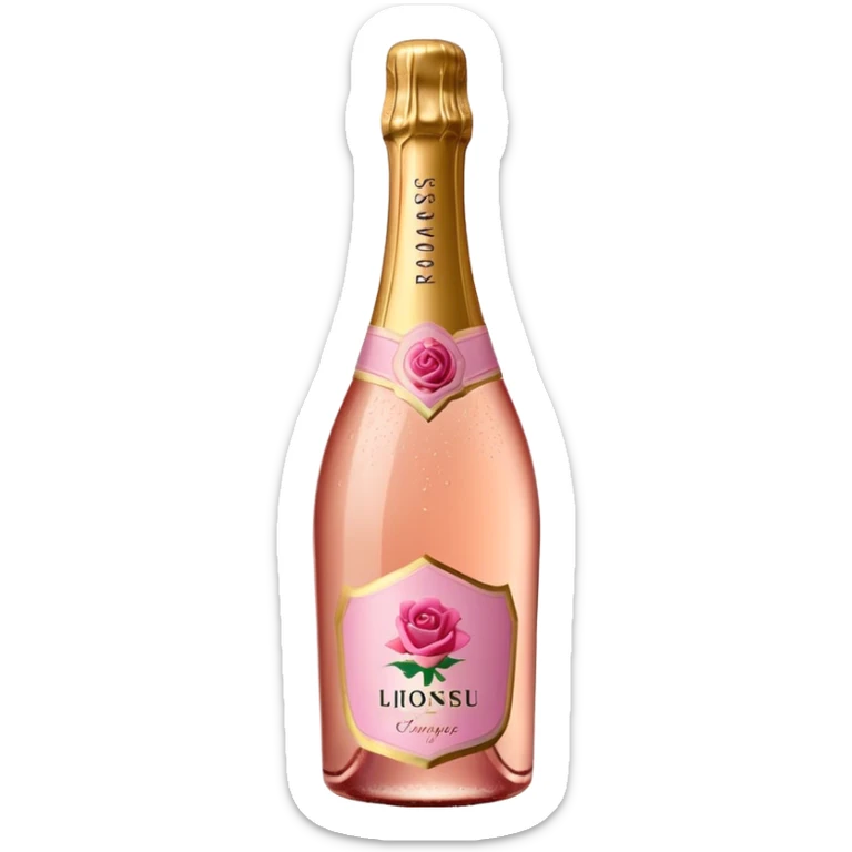 bottle of sparkling rosé champagne with a rose logo on the label, tilted up and to the left, no glass sticker
