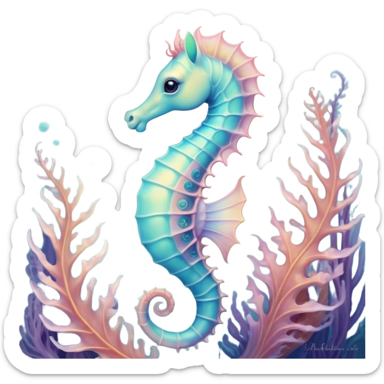 Cinematic Noble Sea Horse Portrait Emoji, Poised and enchanting, with a delicate, slender body in soft pastel hues, a gracefully curled tail and large, expressive eyes radiating gentle wonder, Simplified yet charmingly cute features, highly detailed, glowing with a soft, magical aquatic luminescence, high shine, intelligent and endearing, stylized with an air of whimsical marine grace, focused and poised, soft glowing outline, capturing the essence of a watchful and confident seahorse that appears ready to drift out of the screen with delightful charm! sticker