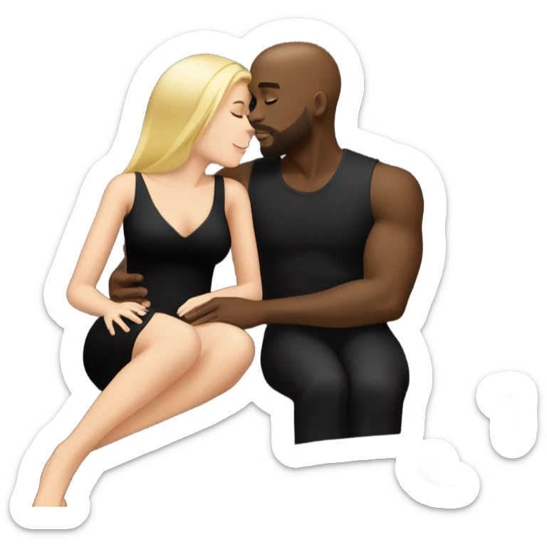 Blonde woman with blue eyes and long straight hair wearing a short black dress and a black man who is bald with a goatee seated together on a sofa enjoying a loving kiss.   sticker