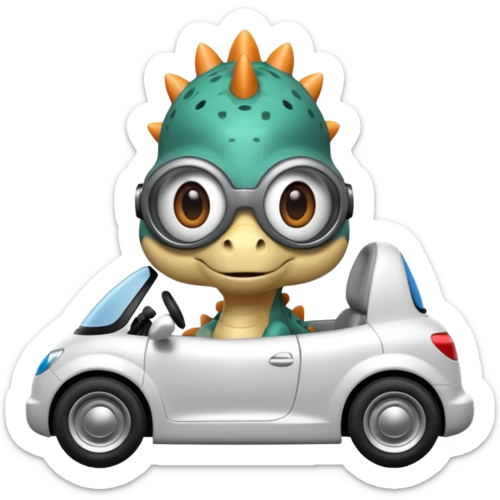 Tres dinosaurios bebés grises subidos en un carro tecnológico blanco con lentes de realidad virtual sticker