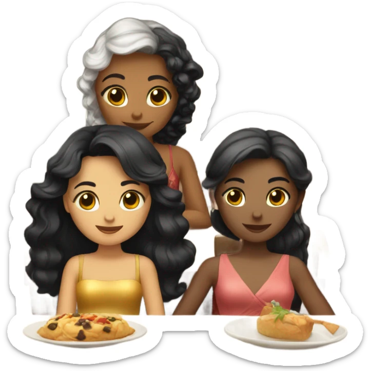 Three girls in New Year's dresses. The first one with black hair. The second one has white hair. The third one has brown hair. They're sitting in a restaurant. sticker