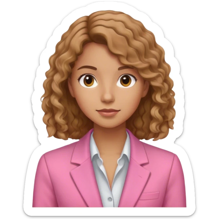 girl with light brown slightly curly hair, pink blazer, marketing girl  sticker