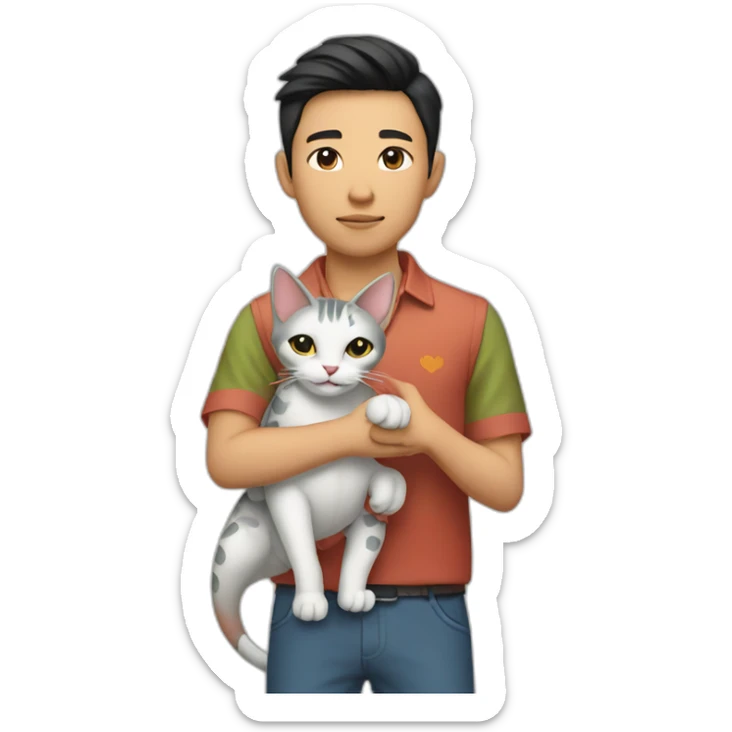 Young Asian man in Cuban-collared shirt holding a Dragon Li cat in his arms sticker