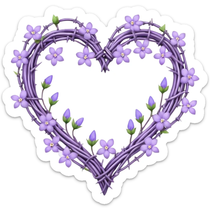 heart shape made out of barb wire vines with pastel lavender flowers and lilac flowers adorning the border with crystals hanging  sticker