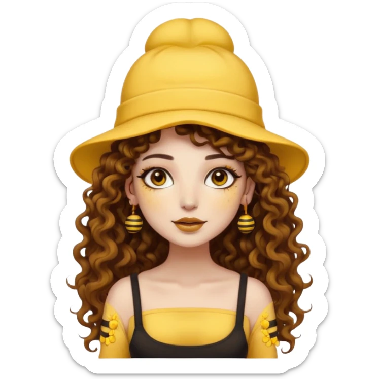 full body woman long curly brown hair brown eyes white skin tattoos wearing bee hat and pollen glow makeup sticker