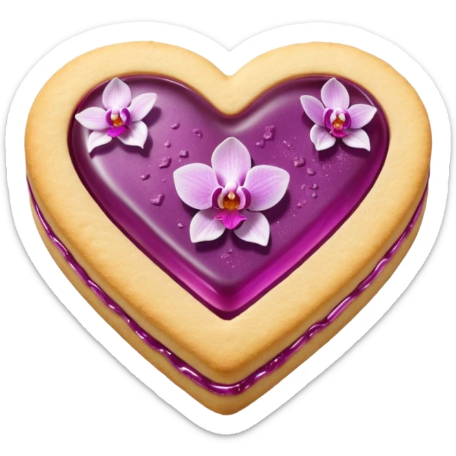 Realistic shortbread cookie in the shape of a heart with orchid color jelly middle filling and sprinkled powder sugar on top. sticker