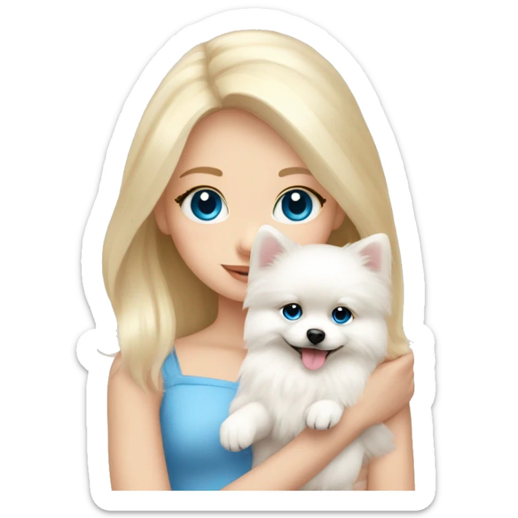 Blond girl white skin blue eyes hugging white Pomeranian with light pink bow sticker