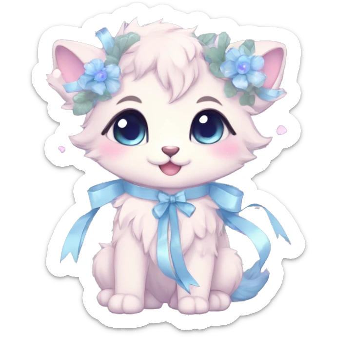 Anthro Cute Cool Blushing Pastel Innocent Shy Kawaii gorgeous sparkly ethereal fantasy anime animal creature with blue eyes furry sona with flowers and ribbons beautiful aesthetic sticker