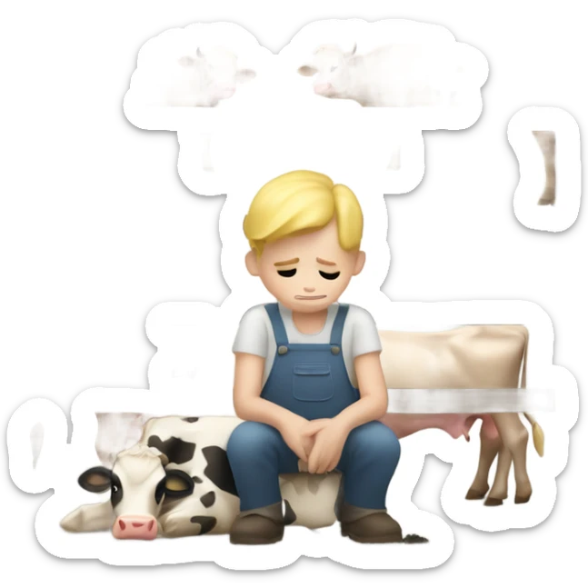 Farm boy with blonde hair is milking cow. But he is sad sticker