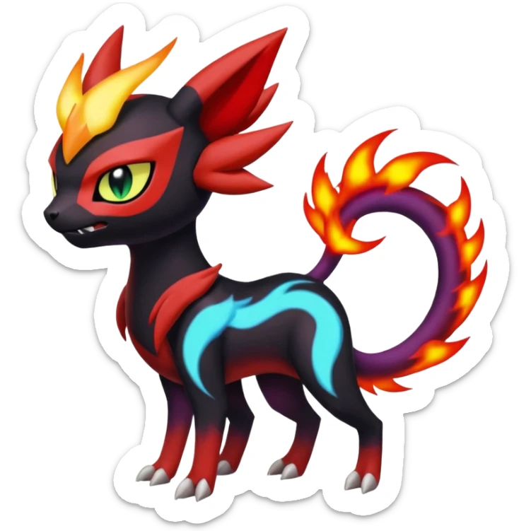 Red, Green, Black and Purple, Blue, Meloetta-Litten-Guilmon-Darkrai-Pokémon-Fakémon-fusion-hybrid-creature sticker