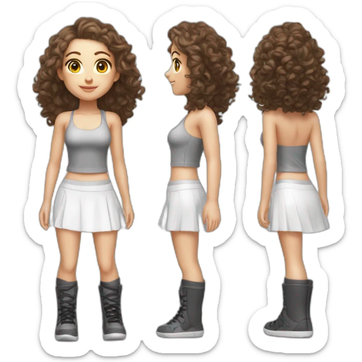 hyper realistic caucasian long curly brown hair brown eyes strapless sporty top white miniskirt tight black gray shoes full body sticker