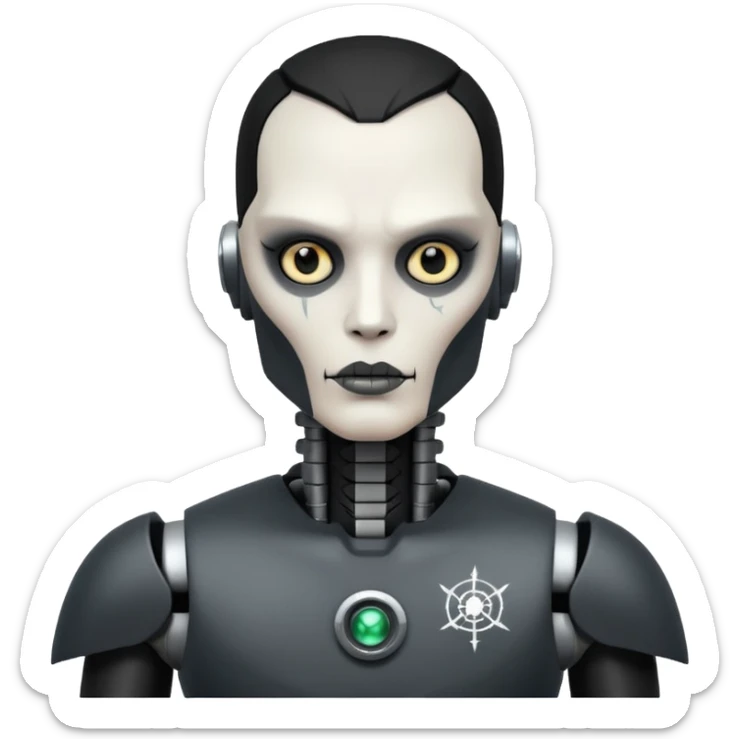 black metal Tatooed robot with radar, big many tatooes on chest, neck and face, white tatoo on face sticker