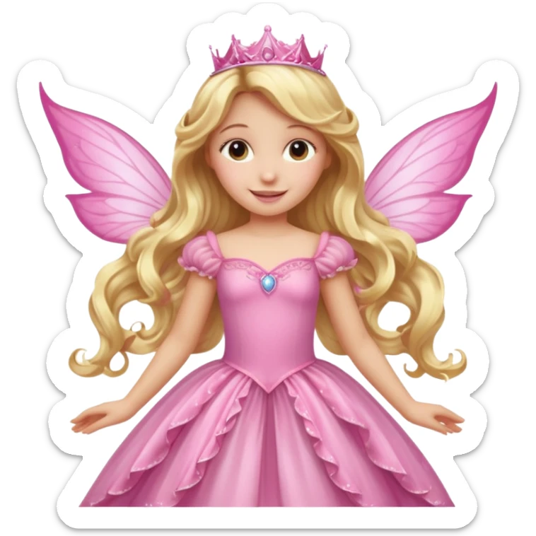 Detailed long pink princess dress, long blonde wavy hair, pink fairy wings sticker