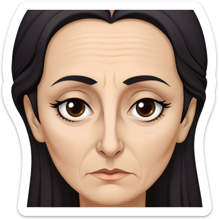 Mirri Maz Duur is a weathered, age 50 woman with deep-set dark eyes, high cheekbones, and a sharp nose, giving her a stern, knowing expression. Her long, unkempt dark hair  falls loosely over her shoulders sticker