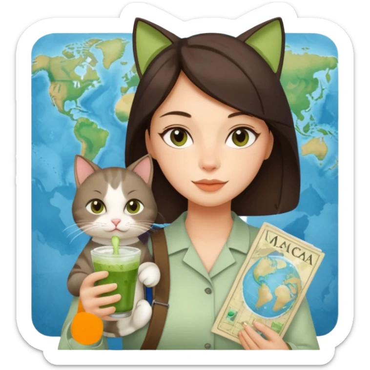 a brunette woman in here 30S drinking an iced matcha, carrying a grey cat and a map of the world sticker