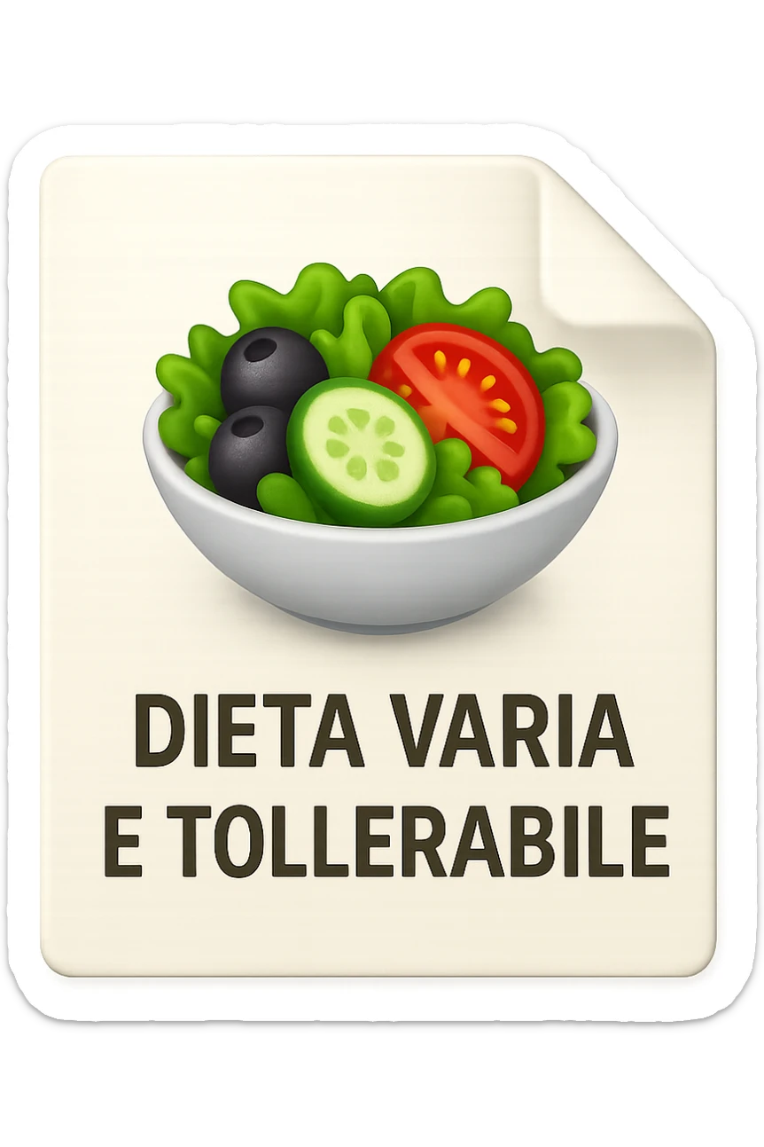 emoji stile iphone di un foglio con un insalata disegnata sopra e la scritta "DIETA VARIA E TOLLERABILE, iperrealistico 4k, isolato su sfondo bianco sticker