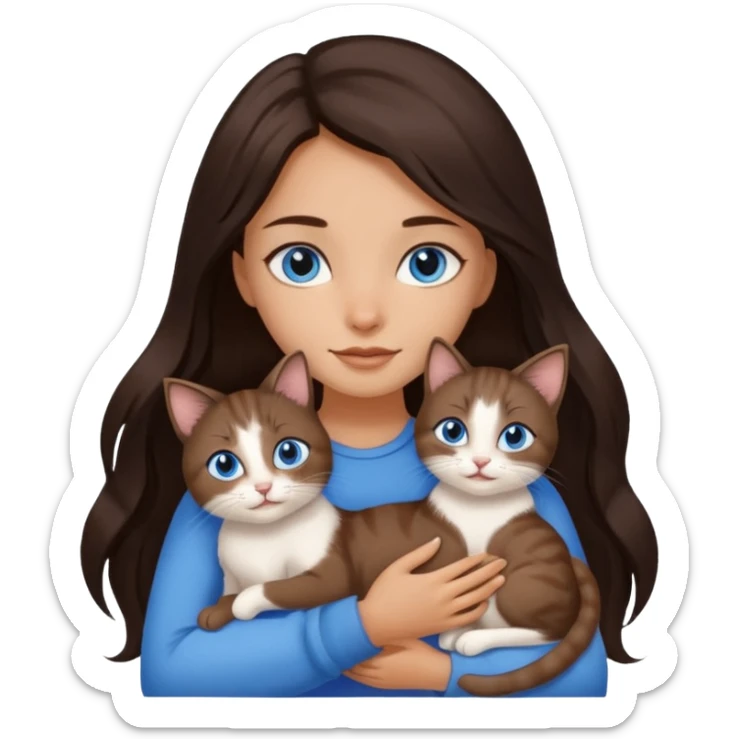 a pretty girl with long dark 
brown hair, with blue eyes, hugs 3 different natural coloured small cats sticker