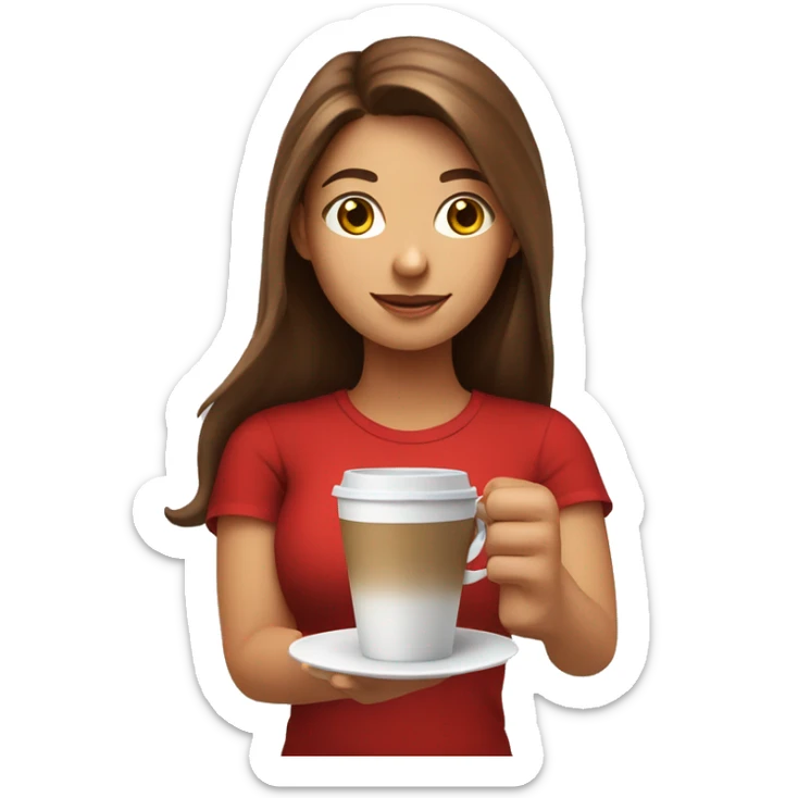 barista girl in a red t-shirt with long brown hair, with a cup of coffee in a hand sticker