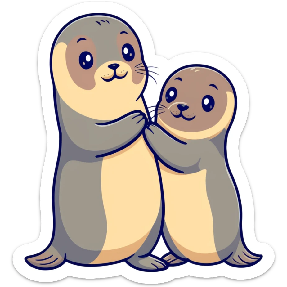 funny fur seal in the arms of a young girl who is standing next to her boyfriend sticker