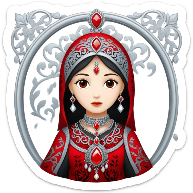 Traditional clothing: Silhouette of a cherkeska (long coat) with iconic gazyrs (decorative cartridge holders on the chest).

Patterns: Incorporate abstract motifs inspired by Adyghe silver embroidery (geometric shapes, swirls).

Symbols:

A silver pendant (e.g., crescent moon or star-shaped).

Stylized shashka (Caucasian dagger) or lyre (representing music).

Colors: Red (symbolizing honor), silver (traditional jewelry), black (elegance).

Style: Flat minimalism, bold outlines, no text.
The emoji should convey pride, hospitality, and connection to heritage. Avoid stereotypes, focus on aesthetic authenticity and respect for traditions."

💡 Example interpretation: A figure in a cherkeska with gazyrs, framed by ornate patterns and a silver pendant, using a red-black-silver palette. sticker