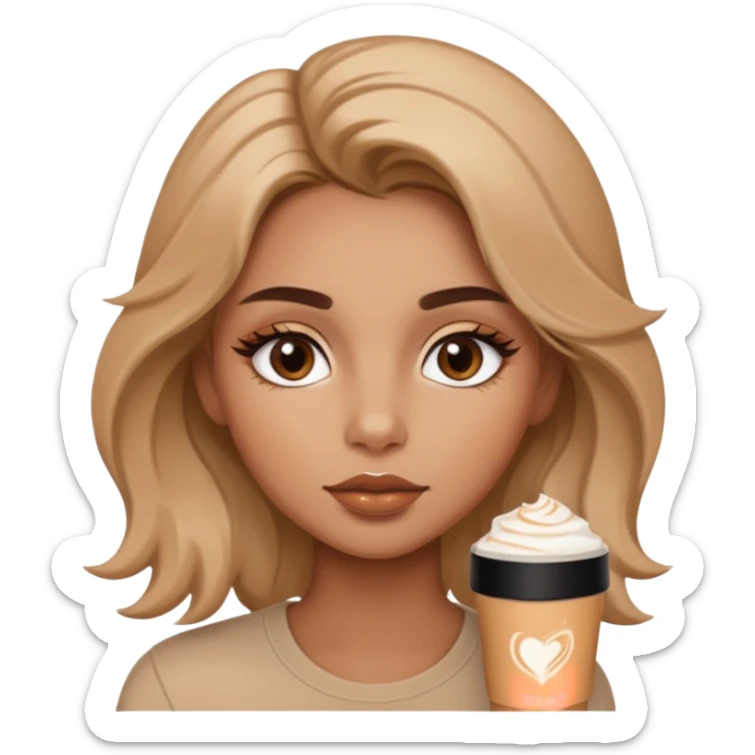 “A cozy, warm-toned emoji girl with soft bronzy eyeshadow, fluffy brows, caramel shimmer, glossy nude lips, light contour, and tousled hair — latte-inspired look.” like belle hadid sticker
