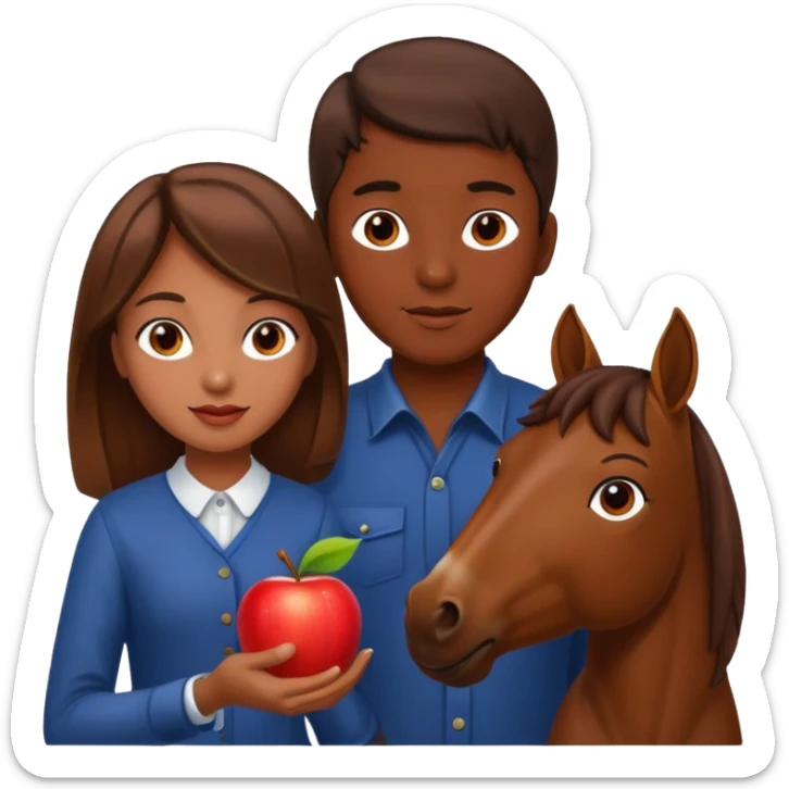 a dark skinned boy and a brown haired girl giving an apple to a horse sticker