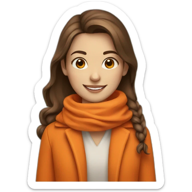 girl with brown hair, orange scarf and orange coat, smiling sticker